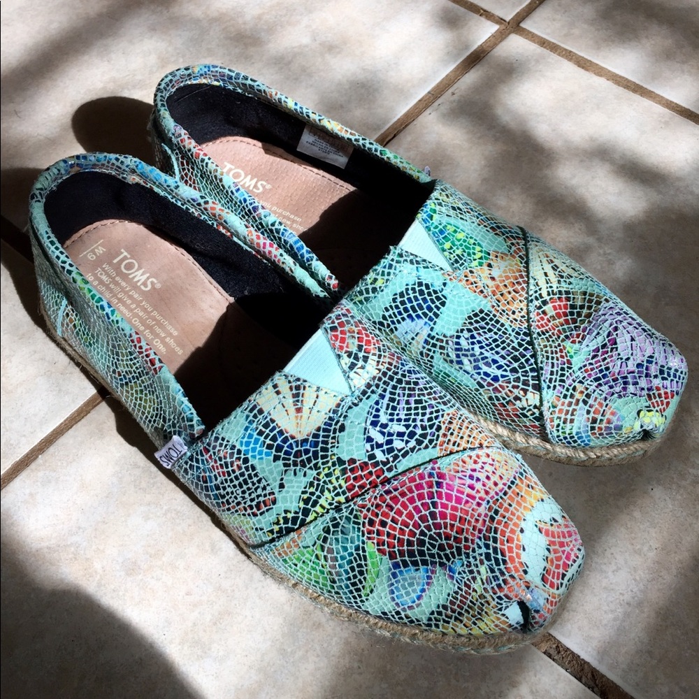 Toms Blue Leather Mosaic Butterfly Espadrilles